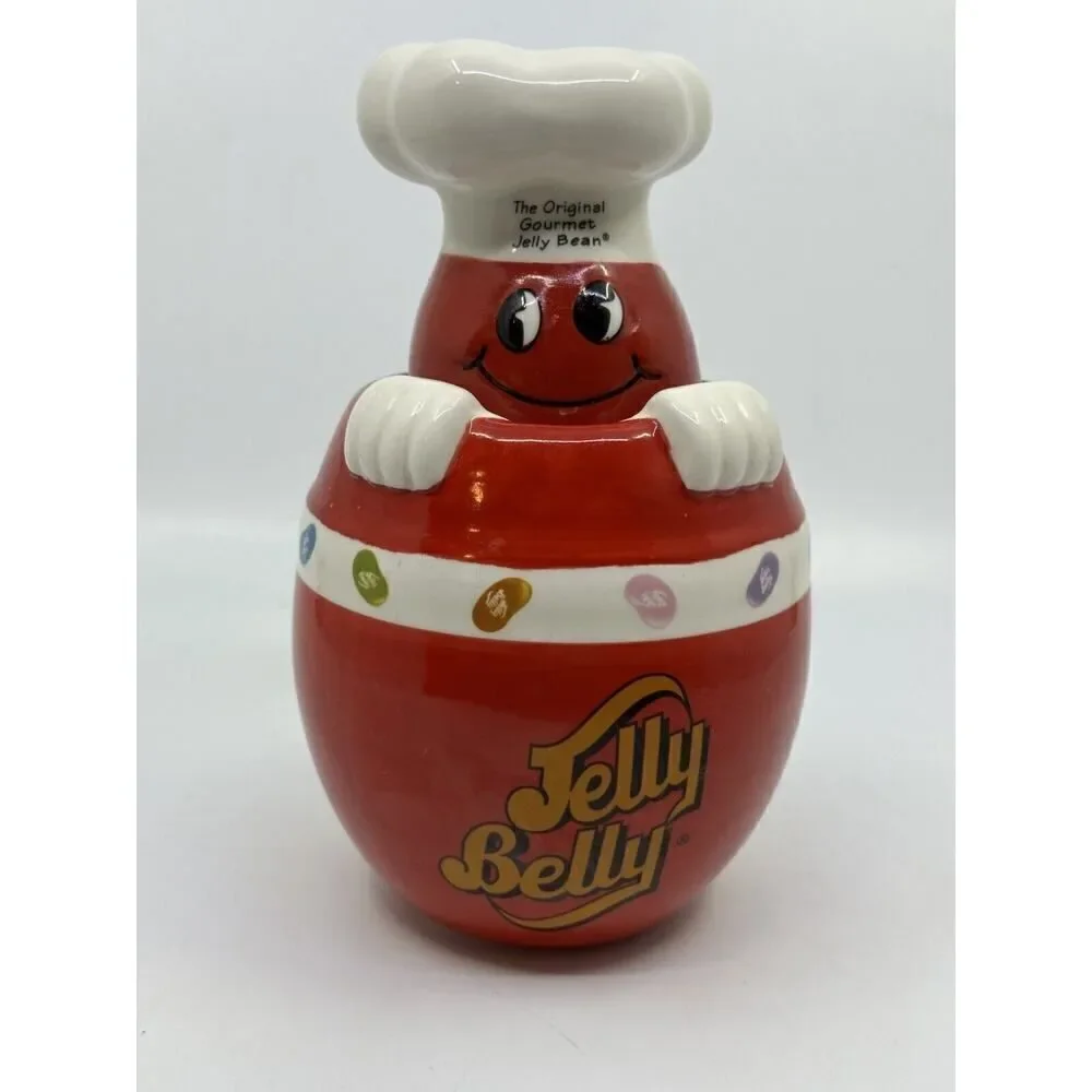 Jelly Belly Candy Jar Ceramic Chef Canister Red White 2006‎ Vintage Style